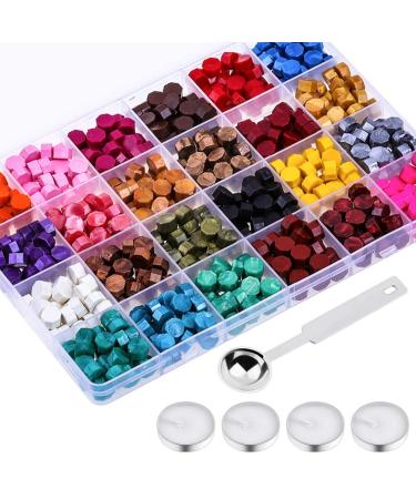 PAXCOO 624Pcs Sealing Wax Beads  Sealing Wax for Wax Seal Stamp  Hexagon Wax Seal Beads with A Wax Spoon and 4Pcs Tea Candles (24 Colors)