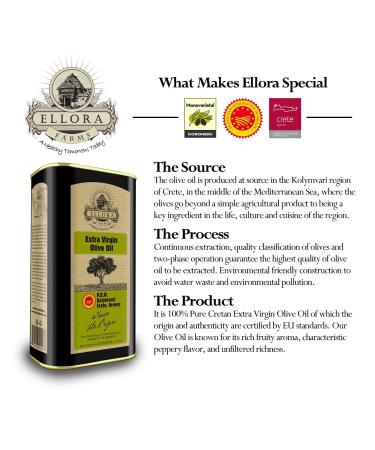 Ellora Farms  Global Gold Award Winner  Single Origin & Estate Traceable Extra Virgin Olive Oil  First-Cold Pressed  Certified PDO  Harvested in Crete  Greece  Kosher OU  1 Lt (33.8 oz.) Tins  Pack of 2 33.8 Fl Oz (Pack of - Buy Online on SooperMarket.com