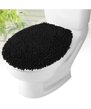 MAYSHINE Plush Shaggy Standard Toilet Seat Lid Cover (Black) | Fuzzy Chenille Microfiber, Fluffy Soft Absorbent - Machine Washable Cushion | No More Cold or Wet Seats