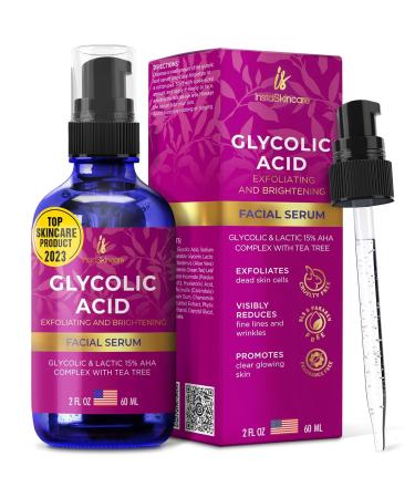 Glycolic Acid Serum for Face 15% Strength - Extra Large Size (2 Oz) - Advanced Formula for Enhancing Skin Radiance Texture Improvement Addressing Uneven Tone & Fine Lines by InstaSkincare Glycolic Acid 2Oz