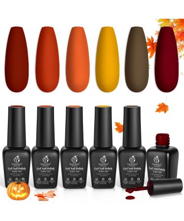 Beetles Gel Nail Polishes- Gold Yellow Gel Polish Set 6 Colors Red Green Purple Burgundy Nail Gel Polish Soak Off Nail Lamp Gel Nail Kit Nail Art Manicure Salon DIY at Home Beauty Gifts Autumn Leaves