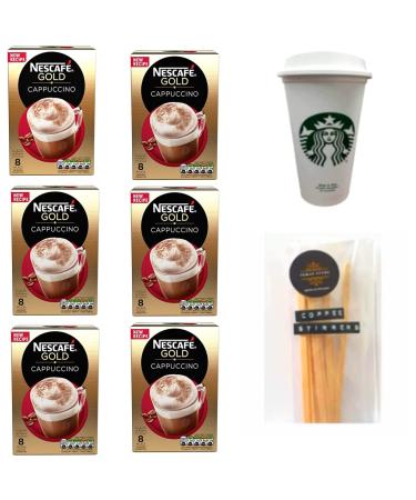 Nescafe Cappuccino Sachets Instant Coffee Bundle Contains 48 x Nescafe Gold Cappuccino With Reusable Coffee Cup & 48 x Temas Store Coffee Stirrers |Coffee Sachets Individually Wrapped | Instant Coffee