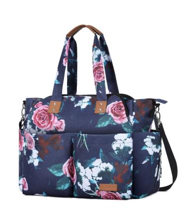Lekebaby Baby Changing Bag Large Nappy Bags for Mom and Dad Nappy Changing Bag Stylish Travel Tote with Nappy Changing Mat Rose Pattern Flower Pattern
