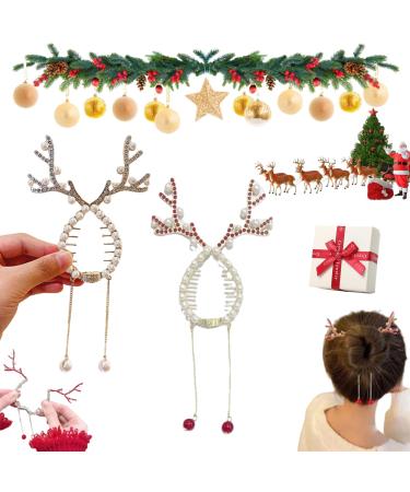 Rhinestone Tassel Ponytail Hair Claw Hair Bun Clip Tassel Ponytail Hair Clips Rhinestone Ponytail Holder Christmas Antlers Pearl Sparkling Diamond Tassel Hair Clips for Women (2pcs-B)