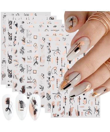 9 Sheets Gold Nail Art Stickers Rose Gold Abstract Line 3D Self-Adhesive Nail Decals Bronzing Leopard Print Graffiti Fun Geometry Leaves Flower Sliders for Nail French Manicure Decoration Nail Design Design 2