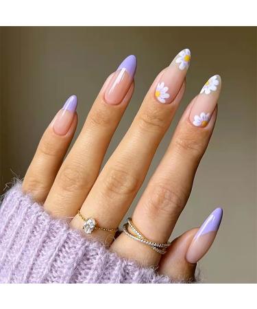 Luvadeyo 24 PCs Press On Nails Medium Almond Fake Nails With Nail Glue False Nails With Designs Acrylic Nails Glue on Nails for Women and Girls Purple Flower