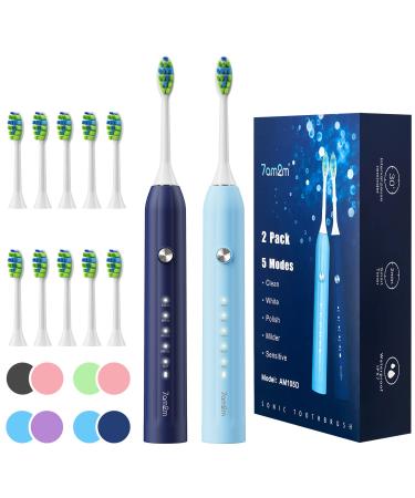 7AM2M Rechargeable Sonic Electric Toothbrush 2 Pack Soft Toothbrushes for Adults and Kids with 12 Brush Heads IPX7 One Charge Use for 60 Days 5 Modes with 2 Minutes Build in Smart Timer Navy Blue & Light Blue