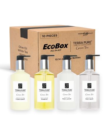 Terra Pure 10 Piece Ecobox All-In-Kit | Green Tea Soap | 3 Shampoo 2 Conditioner 3 Body Wash & 2 Lotion | 10.14oz Hotel Soaps and Toiletries Bulk | Personal Care Products Set of 4(10pieces)