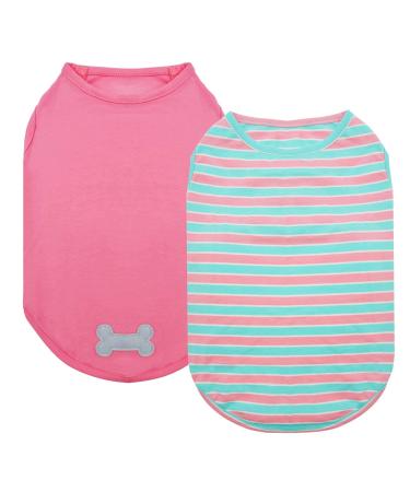 KYEESE 2 Pack Dogs Shirts Striped Dog T-Shirts Soft Cotton Tank Top Sleeveless Vest Cat Shirts Dog Clothes 16" Chest 1# 2Pack (Striped+Pink)