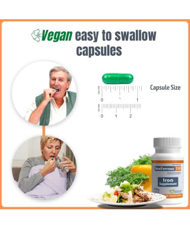 NexFerrous 150 mg | Vegan Iron Supplement | Prevention & Treatment of Iron Deficiency Anemia | Gentle on the Stomach | Easy Absorption | High Potency | 150 mg per capsule | 30 Capsules - Buy Online on SooperMarket.com