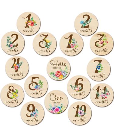 16 Pieces Wooden Baby Monthly Milestone Cards Floral Baby Monthly Milestone Marker Discs Double Sided Monthly Milestone Wooden Circles Baby Months Signs for Baby Shower Newborn Photo Props Fresh Flowers