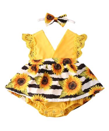 OFIMAN Baby Girl Romper Dress Infant Clothes Set Newborn Lace Floral Outfit Overall Bodysuit Backless Sunflower Summer Dresses 0-6 Months Yellow