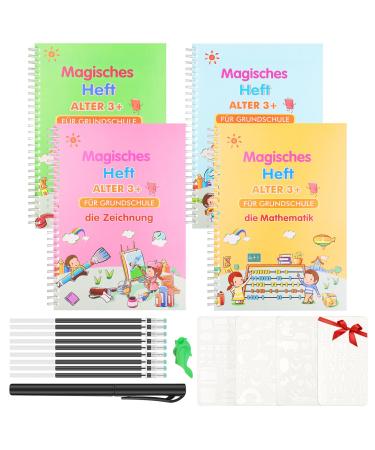 Kinkaocio 4 pieces German magical booklet with pen drawing template reusable handwriting calligraphy exercise book for children learn to write numbers drawing math and letters
