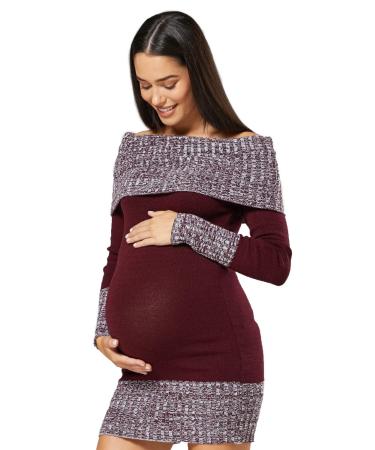 HAPPY MAMA Women's Maternity Bardot Knitted Jumper Dress Pullover Sweater. 913p 16-18 Crimson