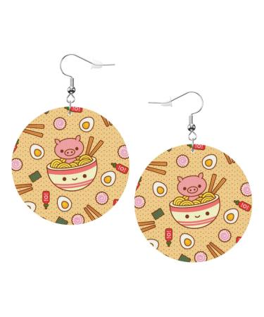 OPSREY Delicious Sweet Ramen printed Fashion round Earring Leather Stud Earring Dangling Decorative Earring