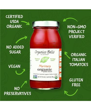 Organico Bello Marinara Sauce 25 oz - Pack of 3 | USDA Organic, Non-GMO, Gluten-Free | No Added Sugar | Keto & Paleo Friendly Tomatoes - Buy Online on SooperMarket.com