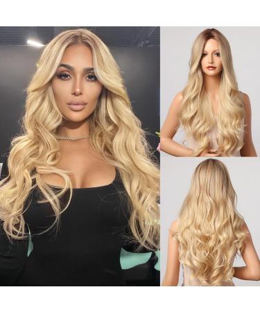 Kellynee Blonde Middle Occupation-Long Welled Ombreblonde W cken for women synthetic hair with dark roots best natural wigs for everyday life/Halloween/Party/Cosplay Lang Blonde