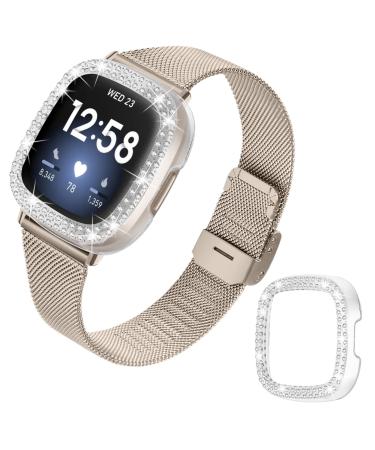 Joyozy Slim Metal Bands Compatible with Fitbit Versa 3&Sense Smartwatch,Stainless Steel Sense Thin Wristbands Bracelet with Bling Protective Case for Women Girls(Champagne Gold) Champange Gold