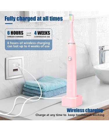 Power Sonic Electric Toothbrush with 6 Brush Heads | 5 Modes, 40,000 VPM Motor | Wireless Quick Charge | Rechargeable Toothbrush for Adults | Travel-Friendly (Pink) - Buy Online on SooperMarket.com