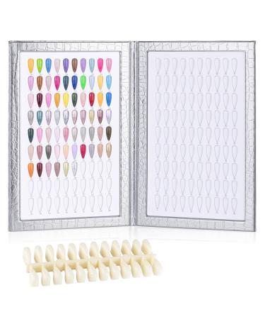 BNG Nail Colour Display Book 180 Colors Nails Art Card Chart with 240 Pcs False Nails Tips Leather Book For Salon Gel Polish Sample Showing Tools Silver 180 Colors Silver