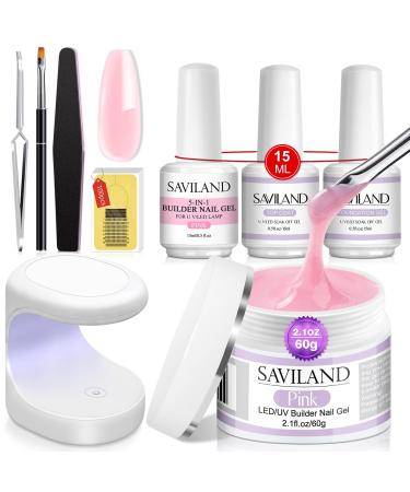 Saviland Builder Nail Gel Kit - Pink 5-In-1 Builder Base Gel & Pink Hard Gel for Nail Strengthen and Nail Repair Nail Extension Gel Kit for Home DIY Pink Builder Nail Gel Kit