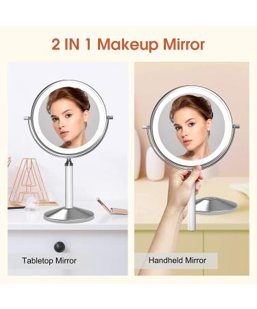 Rechargeable 8 inch Lighted Makeup Mirror with 10X Magnification - 2-Sided Vanity Mirror with Dimmable LED Lights - 360 Degree Adjustable Silver Finish - Buy Online on SooperMarket.com