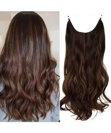 Hair Extensions Halo Wavy Curly Long Synthetic Hairpiece 18Inch 4.2 Oz Dark Brown Mix Light Auburn Hidden Wire for Women Heat Resistant Fiber No Clip OMGREAT 18Inch&Curly Dark Brown Mix Light Auburn