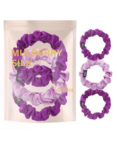 BasicSense Silk Hair Scrunchies Luxurious Mulberry Hair Tie - Skinny Large Scrunchy Set of 3pcs Purple Assortment S Purple Tone