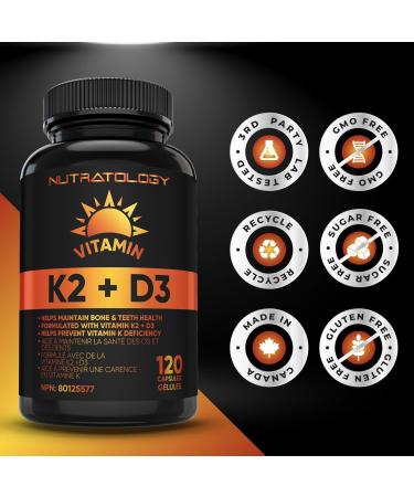Vitamin K2 + D3 Highest Potency 120MCG/1000 IU - 120 Capsules - Helps Maintain Bone & Teeth Health - Formulated With MK-7 For Best Results - Immune System Support - Made In Canada 120 count (Pack of 1) - Buy Online on SooperMarket.com
