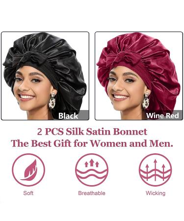 2 PCS Silk Bonnets for Black Women - Reversible Satin Hair Wrap Cap for Sleeping & Showering | Adjustable Satin Night Cap for Long Curly Hair - Black & Wine Red - Buy Online on SooperMarket.com