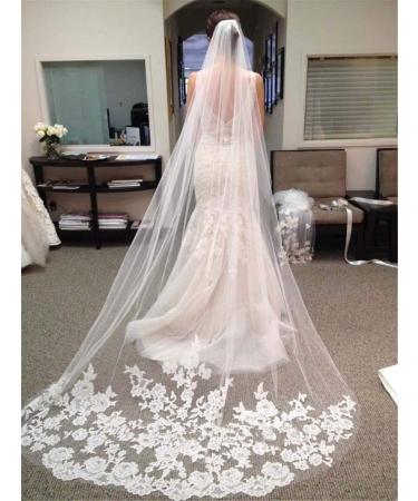 Bmirth 1 Layer Bridal Wedding Veil Cathedral Long Length Lace Bride Tulle Hair Accessories With Comb for women Floral 118 Veil Headpeice (White-2)