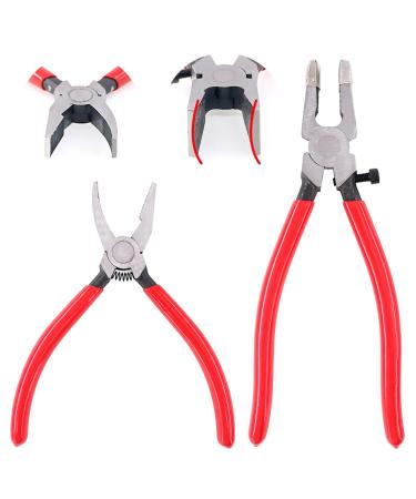 Swpeet 2Pcs Heavy Duty Breaker Grozer Pliers and Glass Running Pliers Kit with Rubber Tips  Glass Pliers with Flat Jaws & Curve Jaw Perfect for Stained Glass