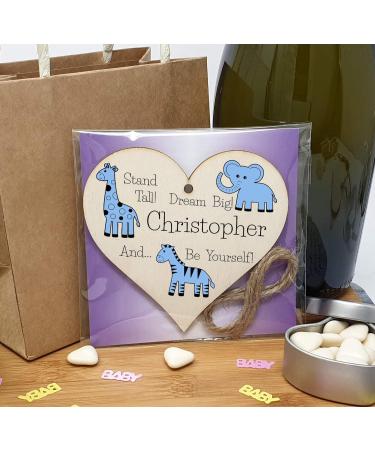 Personalised Wooden Hanging Heart Plaque - Be Brave Dream Big | Blue Safari Animals | New Baby Gift - Buy Online on SooperMarket.com