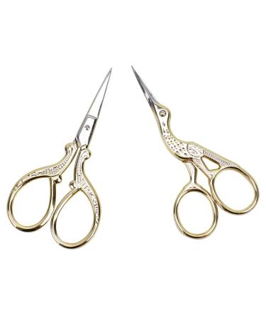AQUEENLY Embroidery Scissors, Stainless Steel Sharp Stork Scissors for Sewing Crafting, Art Work, Threading, Needlework - DIY Tools Dressmaker Small Shears - 2 Pcs ( 3.6 Inches, Gold)