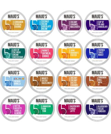 Maud's Super Flavored Coffee Variety Pack, 80ct. Solar Energy Produced Recyclable Single Serve Flavored Coffee Pods Jam-Packed with 16 Flavors - 100% Arabica Coffee California Roasted, KCup Compatible Super Flavored Coffee Pods Variety Pack 80 Count (Pack