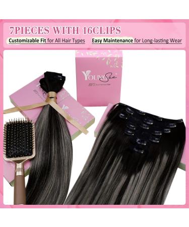 Youngsee Clip In Extensions - 40cm Real Ombre Black & Silver Remy Hair - 120g Balayage 7pcs - Buy Online on SooperMarket.com