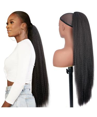 PORSMEER 30 Inch Yaki Straight Drawstring Ponytail Clip In Extensions for Women Kinky Straight Pony Tail Extensions Hair Extensions Ponytail (Black)