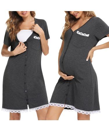Uniexcosm Maternity Nursing Nightdress Women's Short Sleeve Nightwear Soft Button Down Nightgown Stripe Sleepwear Maternity Pyjamas Nightshirt Dark Grey L