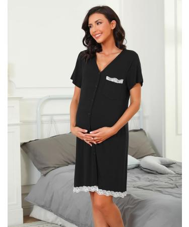 Uniexcosm Maternity Nursing Nightdress - Women's Soft Short Sleeve Nightgown Stripe Sleepwear in Black - Buy Online on SooperMarket.com