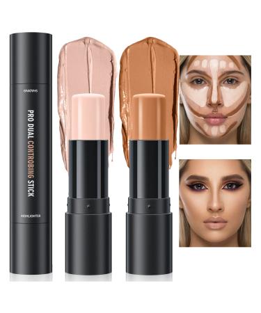 Double-End Highlighter Contour Stick  Cream Contour Stick Makeup Highlighter Stick  Professional Long-Lasting & Waterproof Face Body Contour Makeup Bronzer Stick (01Ivory+Dark Brown)
