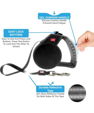 WIGZI Durable Gel Handle Retractable Dog Leash - Rust Proof, Reflective Tape, EZ Lock - L Black - Buy Online on SooperMarket.com
