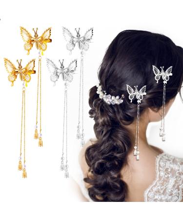 WLLHYF 4Pcs Moving Tassel Butterfly Hair Clips  Silver Butterfly Hair Pins Elegant Tassel Hair Barrettes for Women Girls Hairpin Bride Wedding Head Pieces Hair Accessories