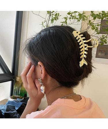 2 Pcs Large Fish Bone Hair Clips - Non-slip Metal Hair Claw Clips in Black and Gold for Thick or Thin Hair - Geometric French Hair Grip Accessories for Women - Buy Online on SooperMarket.com