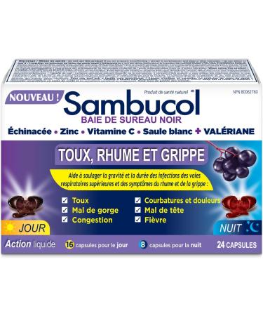 Sambucol Black Elderberry Cough Cold and Flu Day/Night| Helps Relieve Congestion Fever Sore Throat & Head Pain | Black Elderberry White Willow| 24 Hard Capsules (18 Day/6 Night) - Buy Online on SooperMarket.com