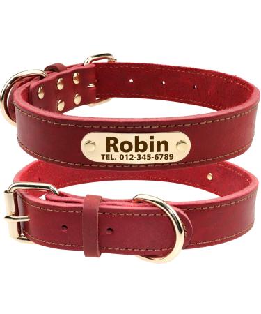 Tagme personalized dog collar made of leather with engraved name and telephone number/dog collar made of real leather for small medium and large dogs (33-39cm coral red) S (1-pack) coral red