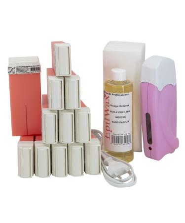 EpilWax Complete Hair Removal Waxing Kit - with 12 Rose Wax Roll-on Cartridges Roll On Wax Heater 100 Strips and Waxing Oil Rose 113 Piece Set