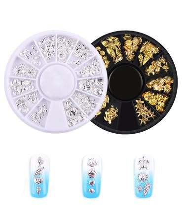 Nail Art Decoration 2Boxes Metal 3D Ocean Nail Studs Star Starfish Shell 12 Grid Mixed Sizes Nail Art Decor