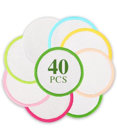 XSEINO Reusable Makeup Remover Pads(40 Pack)with Washable Natural Bamboo Fiber Material,Natural Bamboo Cotton Pad,for All Skin Types 8colors 40pcs