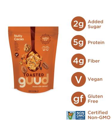 GUUD Nutty Cacao Toasted Muesola Cereal 12oz (Pack of 6) | Gluten-Free Oats with Raisins, Bananas, Almonds, Pecans, Cacao Nibs, Walnuts | Vegan & Non-GMO | Kosher Certified - Buy Online on SooperMarket.com