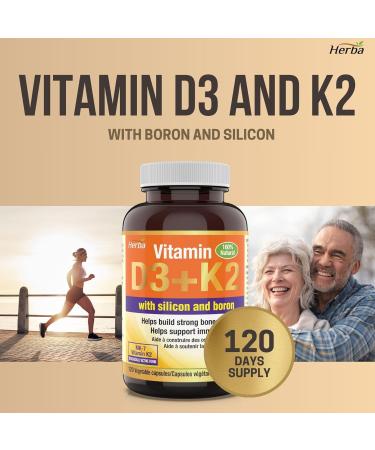 Herba K2 D3 Vitamin Supplement with Boron and Silica 120 Capsules | Vitamin D3 K2 with Boron Supplement for Men and Women | Vitamin K2 MK-7 and Vitamin D3 1000 IU | Helps Build Strong Bones and Teeth - Buy Online on SooperMarket.com
